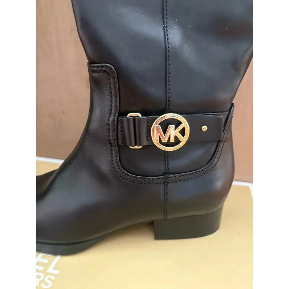 NWT Michael Michael Kors Harland vachetta leather riding boot in black with gold - Picture 3 of 6